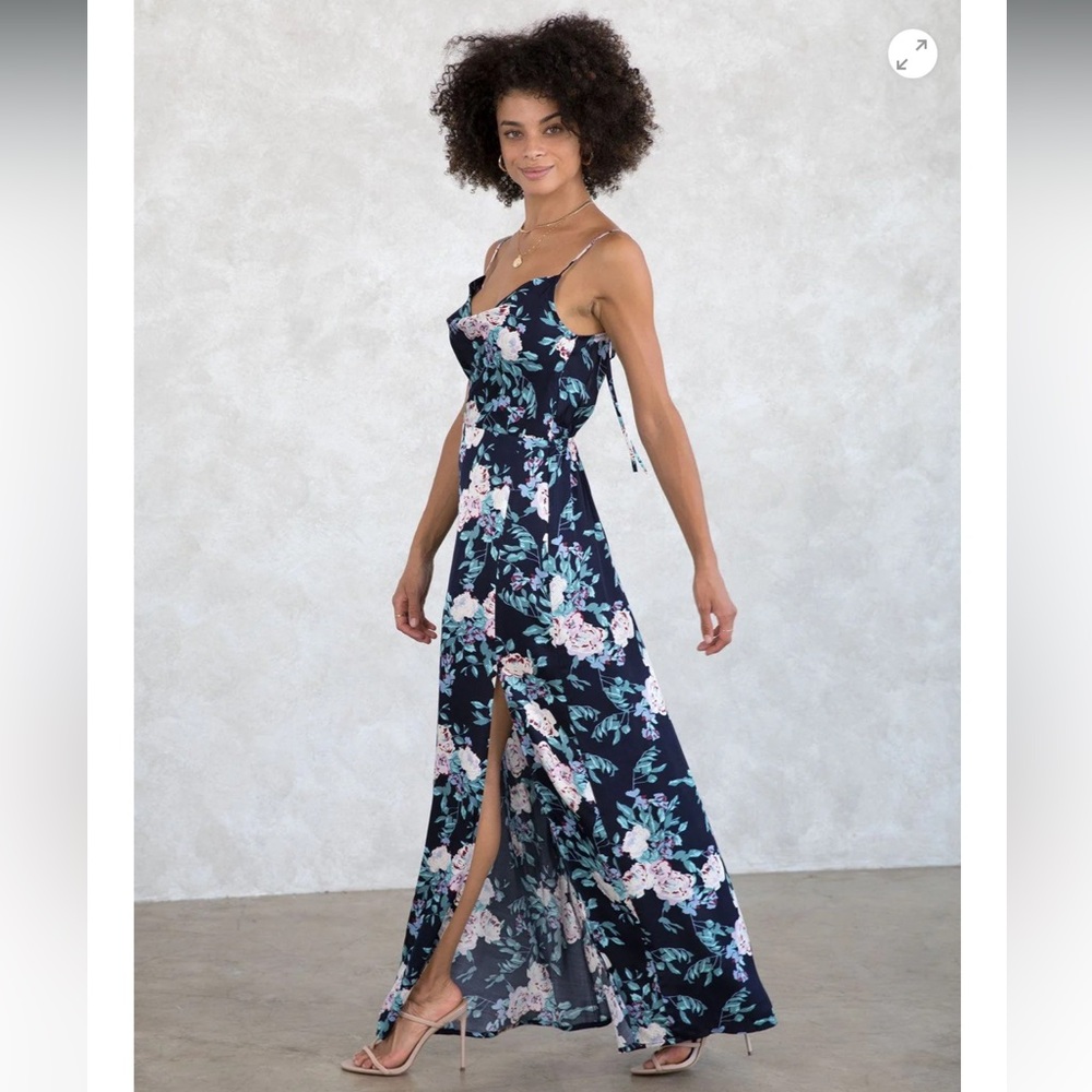 Lovestitch Floral Cowl Neck Maxi Dress Navy Lilac Open Back Slit Boho S
